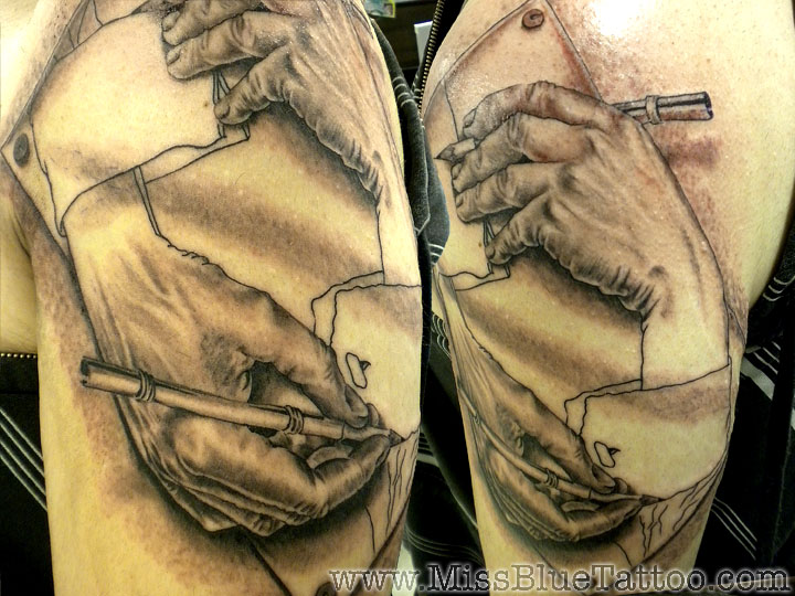 Escher Hands Drawing Tattoo On Left Half Sleeve By Evillittleblue