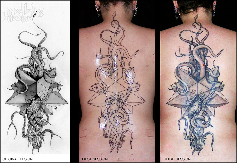 Escher Nautical Stars And Octopus Tattoo On Back