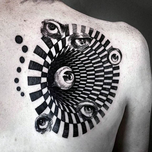 Eyeball Checkered Hole Illusion Escher Tattoo On Right Back Shoulder