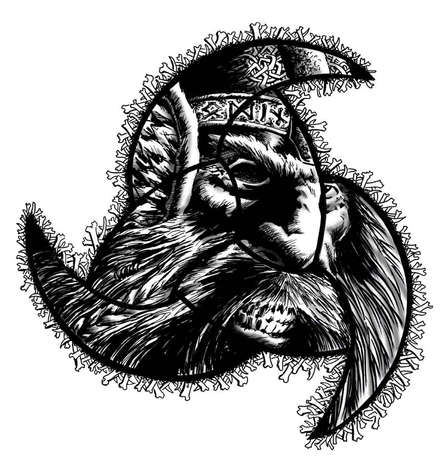 Fantastic Angry Face In Odin Horns Tattoo Design By Vikingmayke