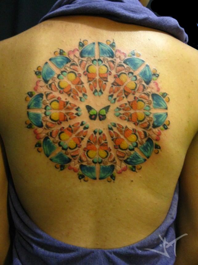 Fantastic Butterflies Made Mandala Flower Spiritual Tattoo On Upper Back