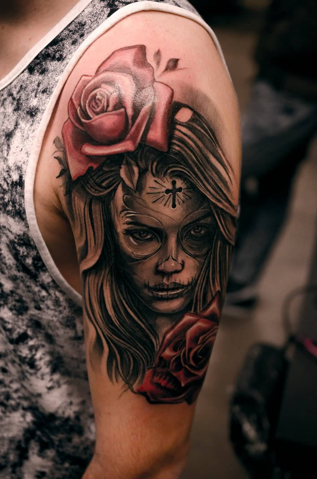 Fantastic Grey Catrina With Red Rose Tattoo On Left Half Sleeve