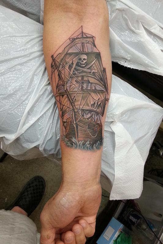 Fantastic Pirate Ship Tattoo On Forearm