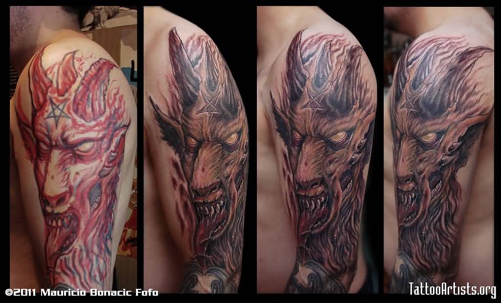 Flaming Scary Satan Face Tattoo On Right Full Sleeve