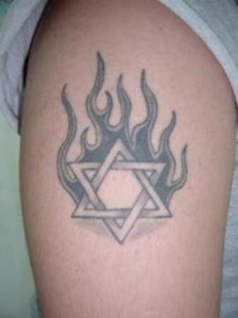 Flaming Star Of David Tattoo On Shoulder