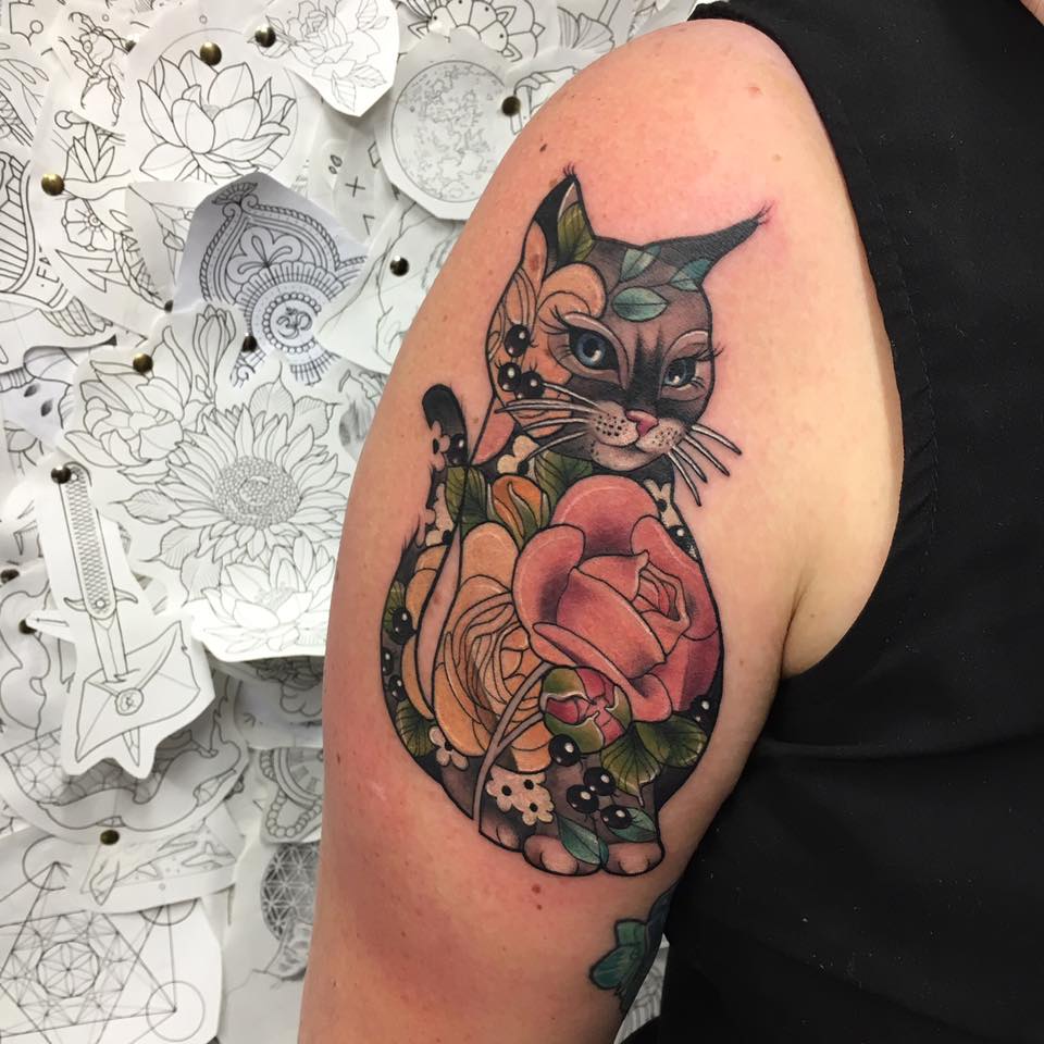 Floral Kitty Tattoo On Half Sleeve by Makkala Rose