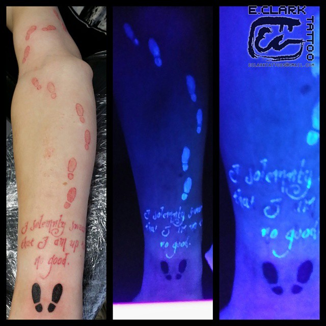 Footprints And Lettering UV Tattoo On Full Sleeve