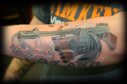 Gangsta Weapons Tattoo On Arm Sleeve