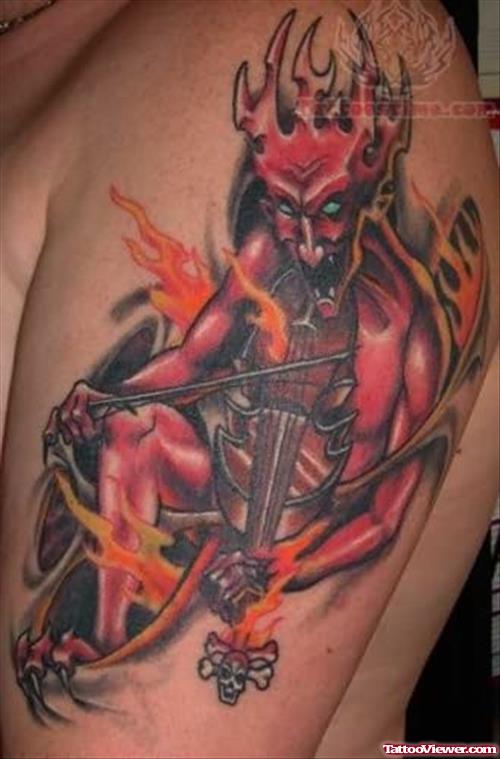 Gerry Carnelly Fiddle Satan Tattoo On Left Half Sleeve