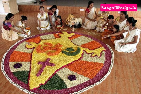 Girls Decorating Pookalam Rangoli Design For Independence Day Of India
