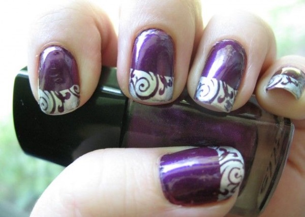 Glossy Dark Purple With White Design Nail Art