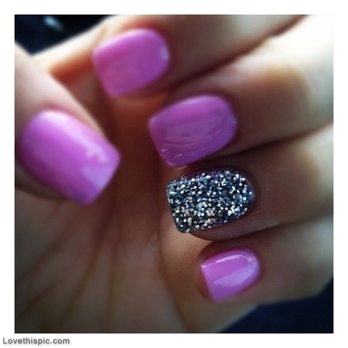 Glossy Purple Nails With Accent Silver Glitter Nail Art