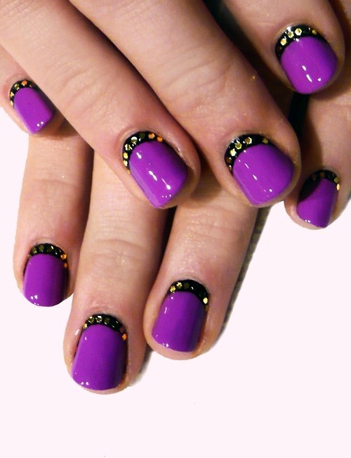 Glossy Purple Nails With Black Studded Reverse French Nail Art