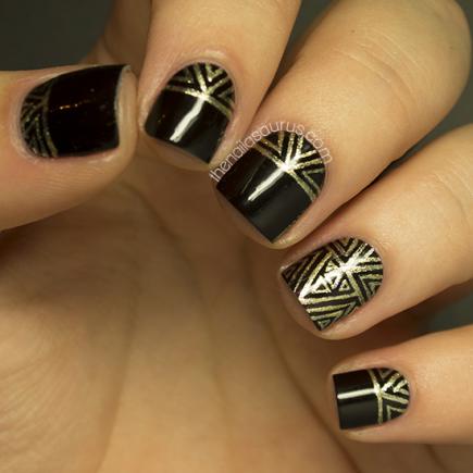 Gold And Black Metallic Geometric Nail Art