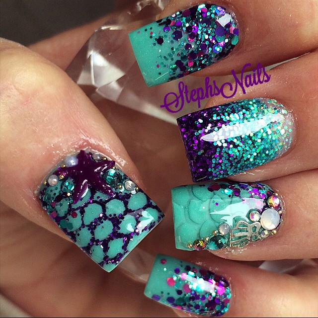 Green And Purple Glitter With Star Fish Design Nail Art