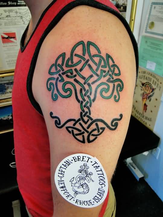 Green Celtic Tree Of Life Design Tattoo On Left Shoulder By Captain Bret