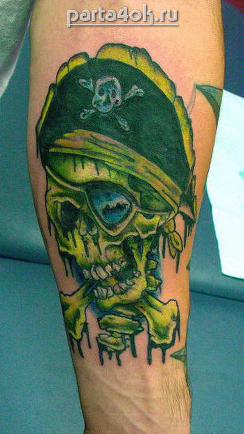 Green Pirate Skull Tattoo On Arm