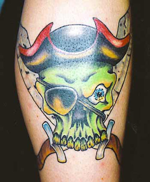 Green Pirate Skull With Swords Traditional Tattoo