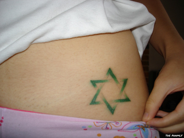 Green Star Of David Tattoo On Hip