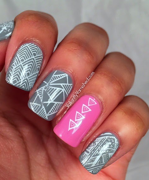 Grey And Pink Geometric Nail Art