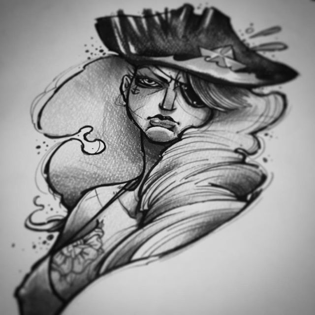 Grey Angry Pirate Girl Tattoo Stencil