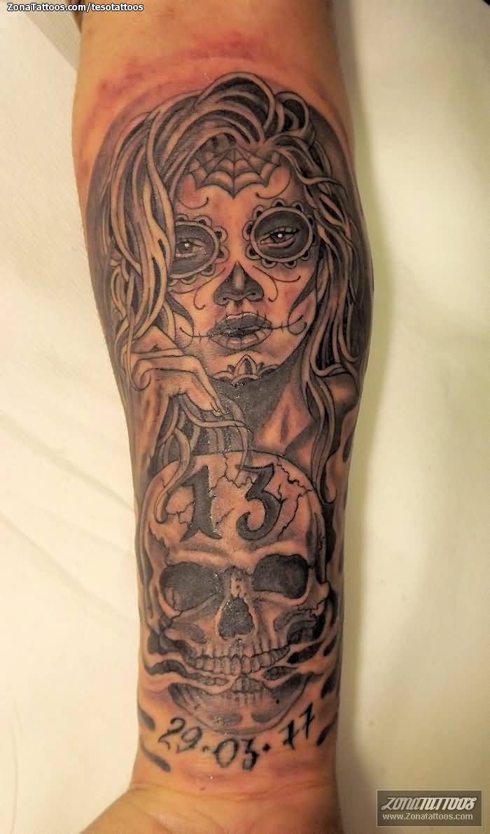 Grey Catrina With Skull Tattoo On Forearm