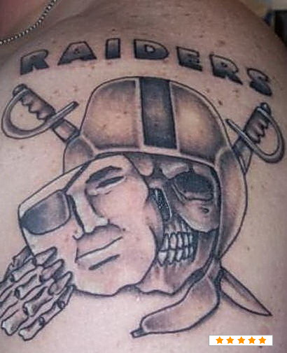 Grey Color Oakland Raiders Skull With Mask Tattoo