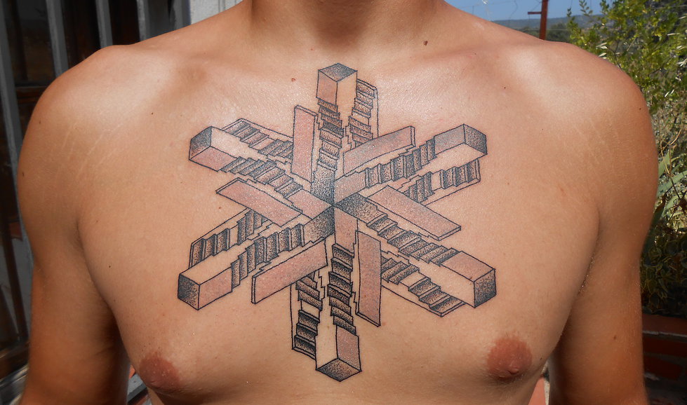 Grey Escher Stairs Tattoo On Chest For Men