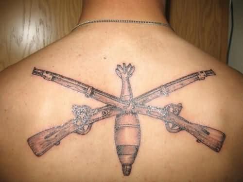 Grey Ink Army Weapons Tattoo On Upper Back