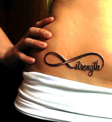 Grey Ink Infinity Strength Tattoo On Right Hip