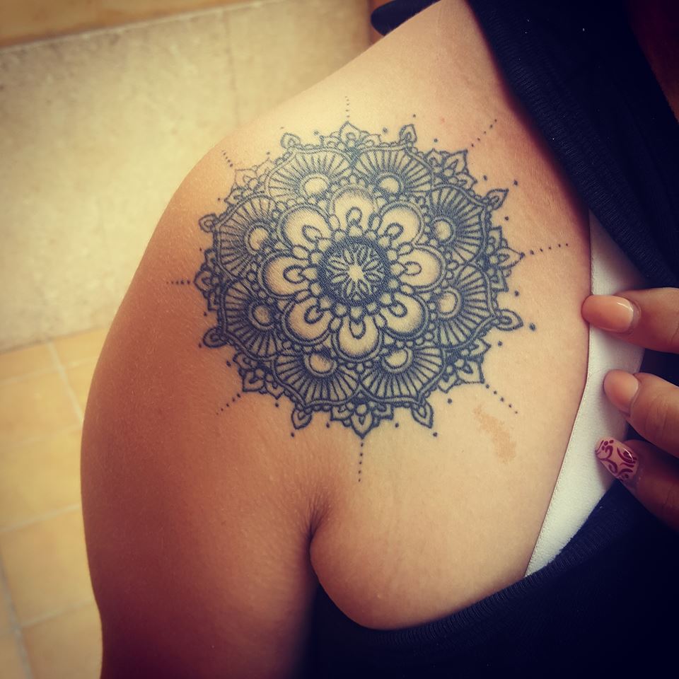 Grey Ink Mandala Tattoo On Front Shoulder by David Torres