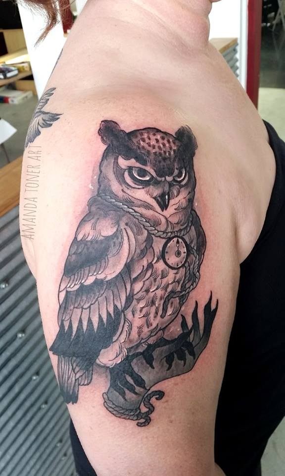 Grey Ink Owl Tattoo On Right Shoulder by Amanda Toner