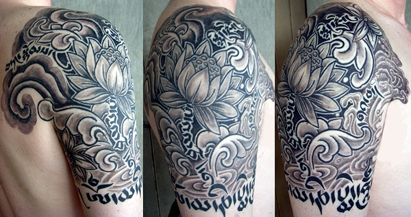 Grey Ink Tibetan Tattoo On Right Half Sleeve