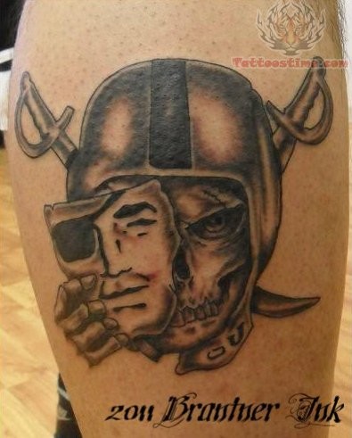 Grey Oakland Raiders Skull With Mask Tattoo