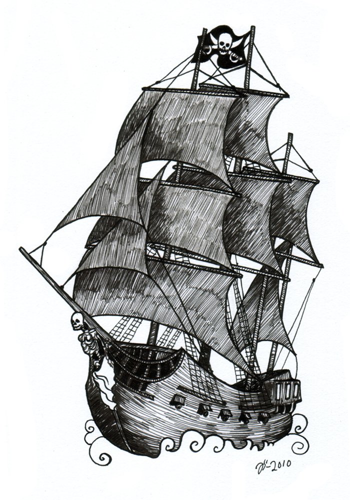 Grey Pirate Ship Tattoo Design
