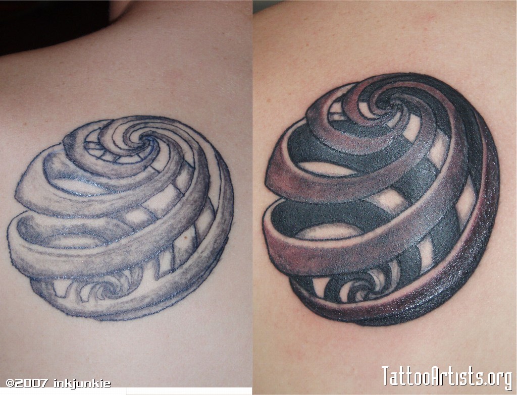 Grey Round Escher Tattoo On Upper Back