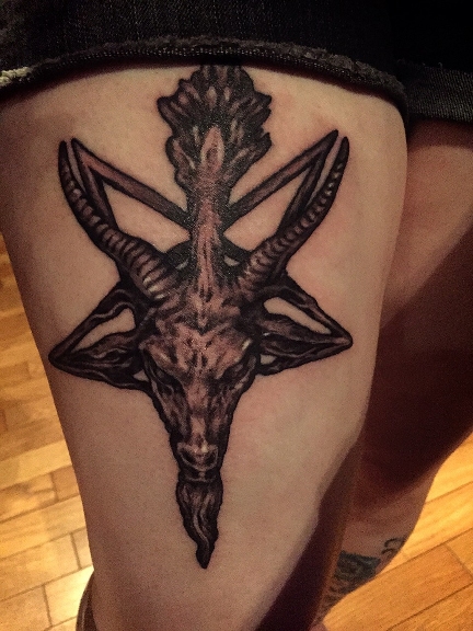 Grey Satan Goat Tattoo On Thigh By Drowelfmorwen