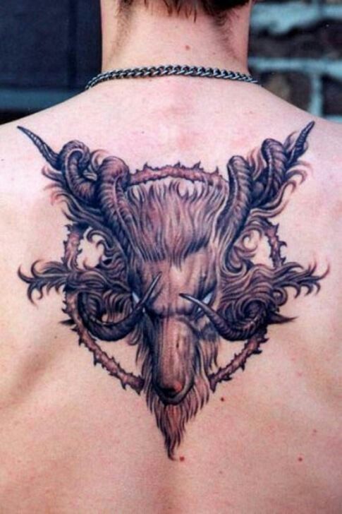 Grey Satan Symbol Tattoo On Upper Back