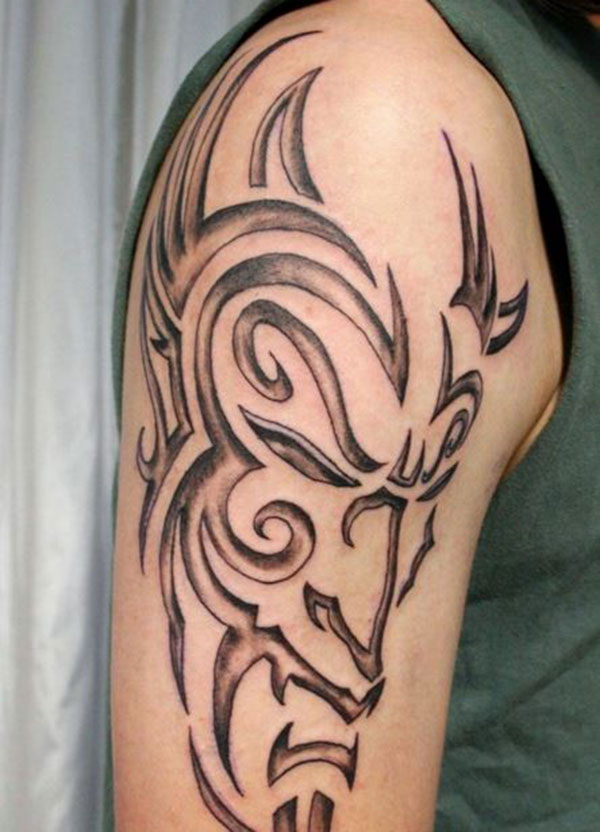 Grey Tribal Satan Tattoo On Right Half Sleeve