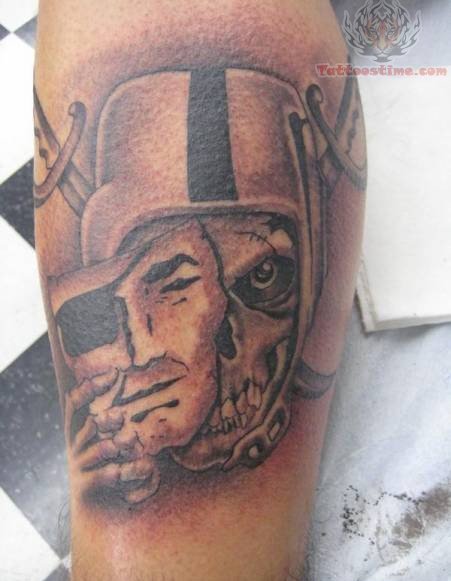 Grey ink Oakland Raiders Skull With Mask Tattoo