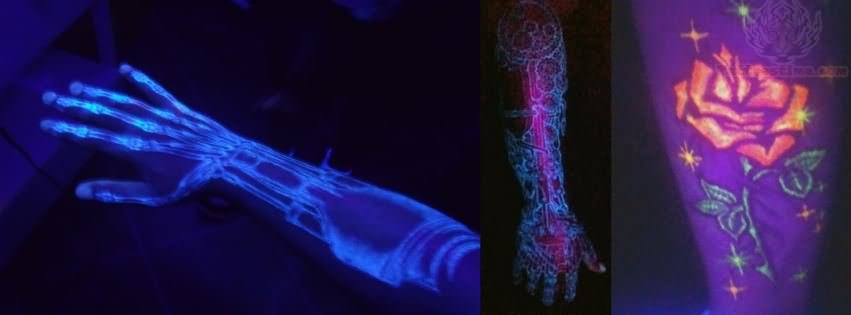 Hand Skeleton And Rose UV Tattoos