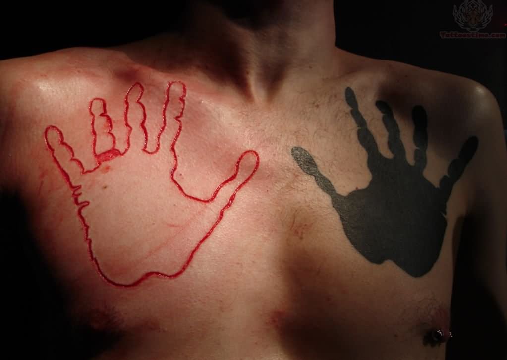 Hands Scarification Tattoo On Chest For Men
