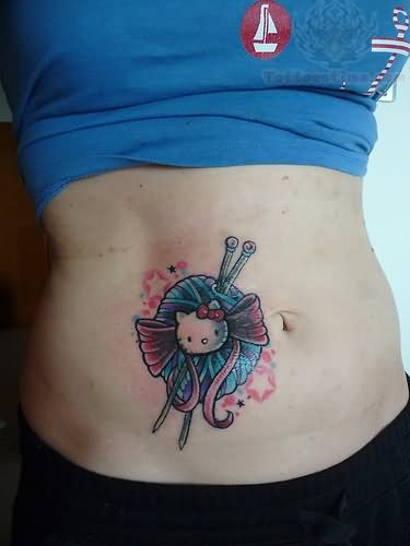 Hello Kitty Cat And Yarn Tattoo On Belly