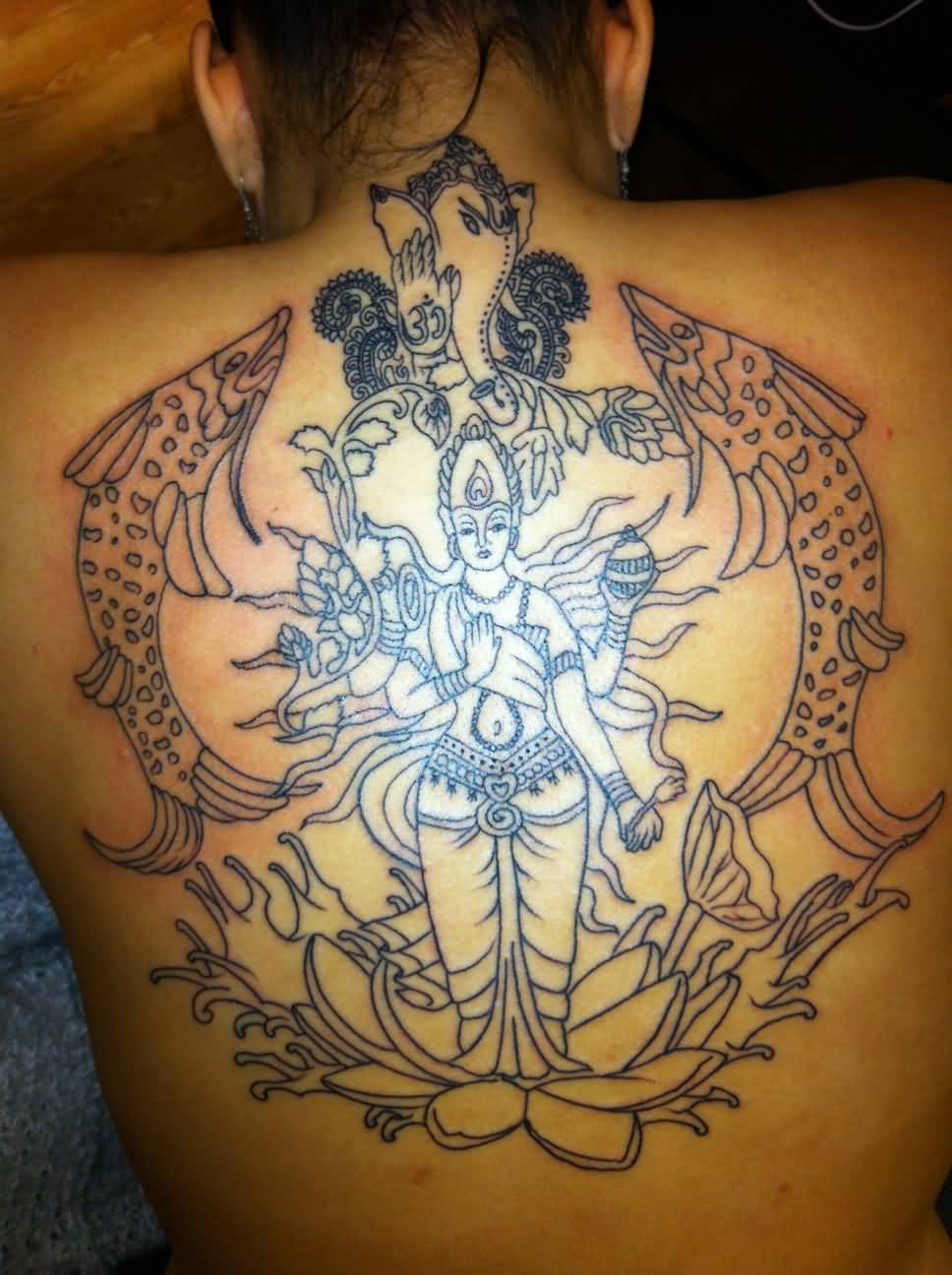 Hindu Gods Spiritual Tattoo On Upper Back For Girls