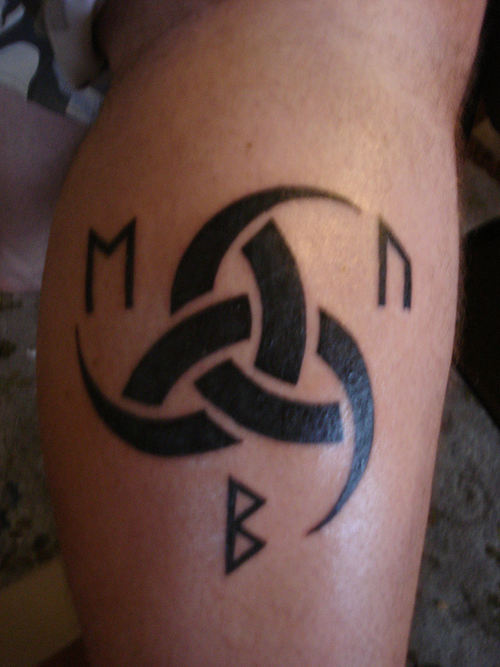 Horns Of Odin With Three Letters Tattoo On Leg