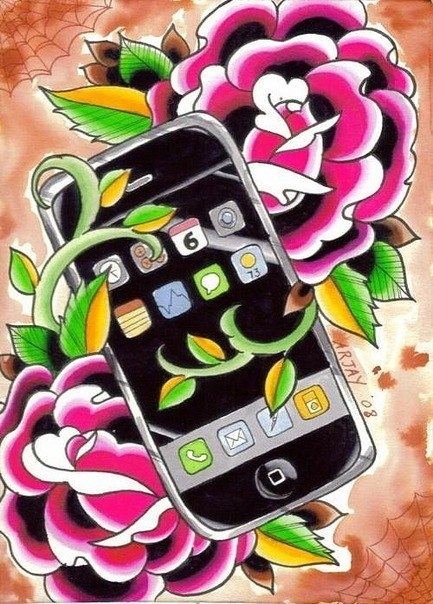 IPhone With Flowers Tattoo Stencil