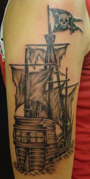Impressive Black And Grey Pirate Ship Tattoo On Right Half Sleeve