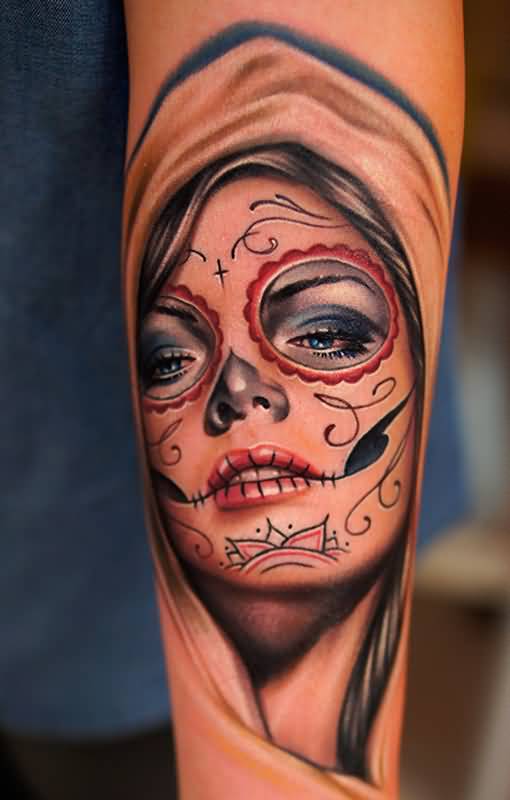 Impressive Catrina Portrait Tattoo On Forearm