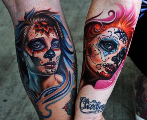 Impressive Colorful Catrina Tattoo On Forearms
