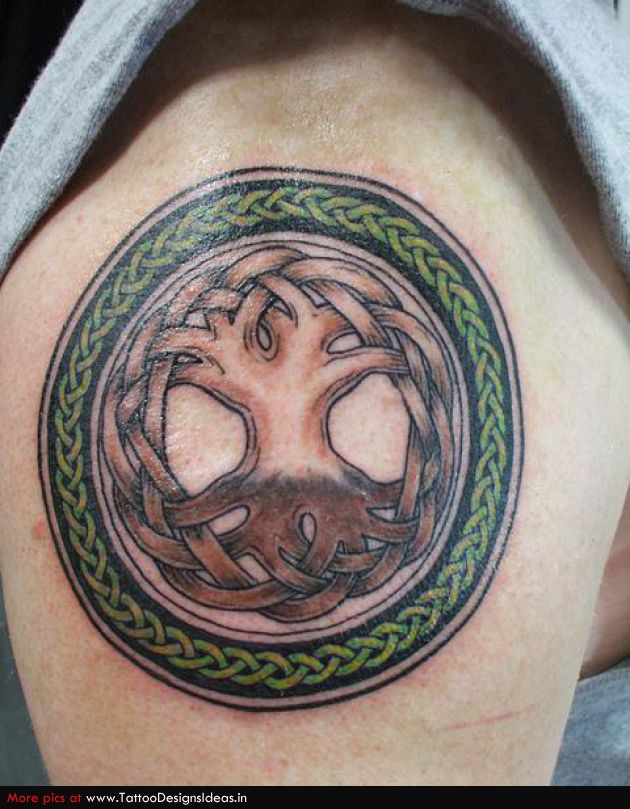Impressive Green Celtic Tree Of Life Tattoo On Shoulder
